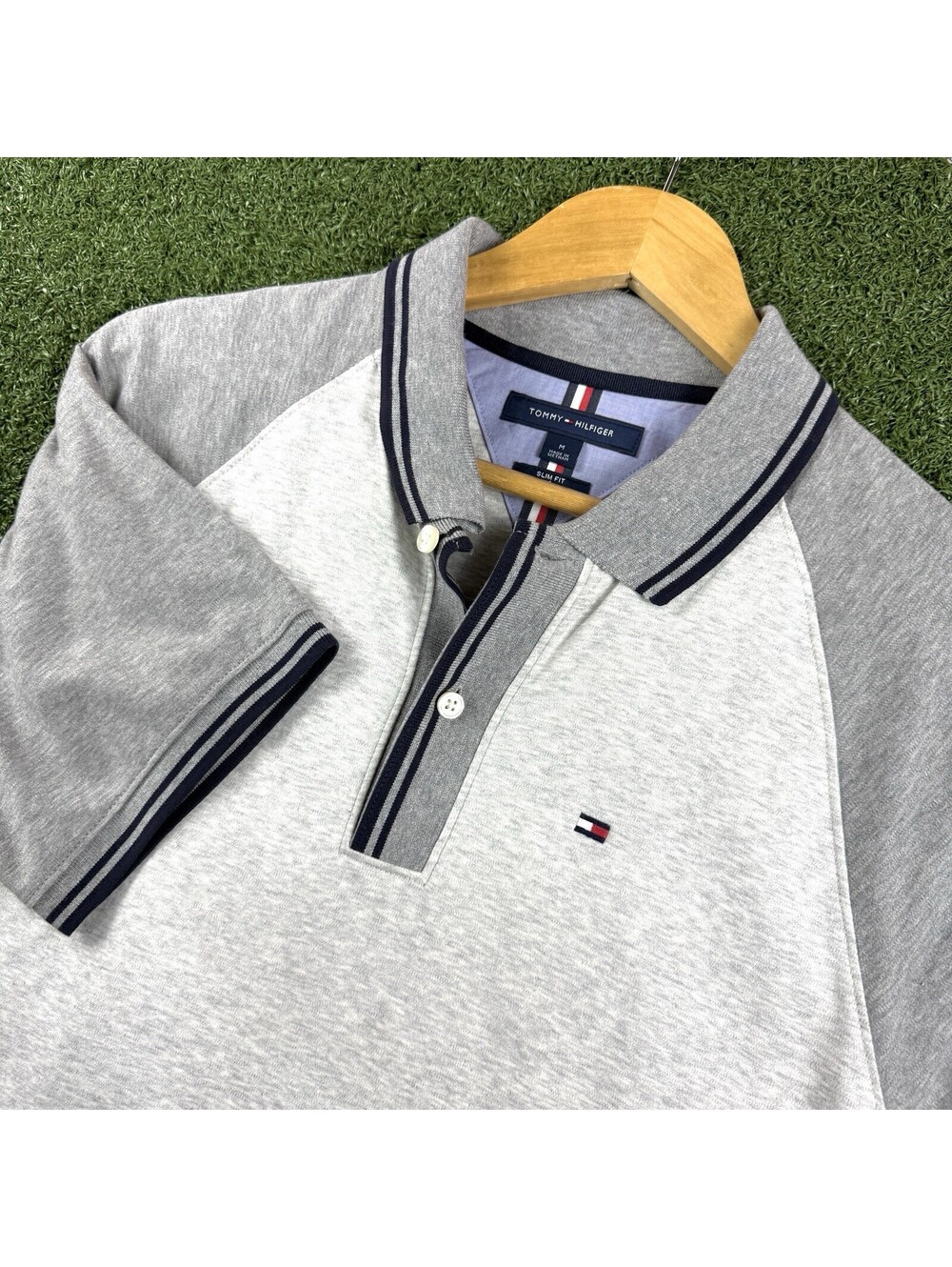 Tommy Hilfiger Men’s Polo Shirt M Slim Fit Gray Colorblock Raglan Smart Casual